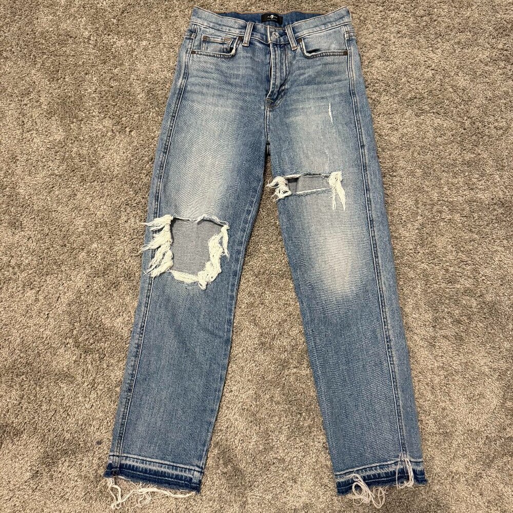 7 For All Mankind High Waist Cropped Straight Jeans 26 Distressed Light Wash EUC